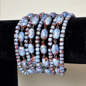 Blue and Brown Tone Metal Multi Strand Beaded Statement Bracelet